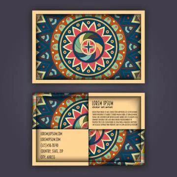 Vector vintage visiting card set. Floral mandala pattern and ornaments. Orien Stock Illustration