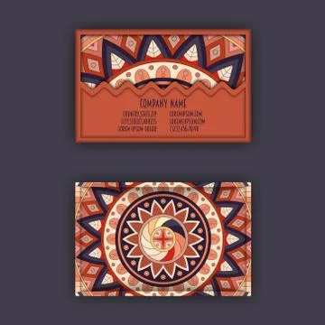 Vector vintage visiting card set. Floral mandala pattern and ornaments. Orien 스톡 일러스트