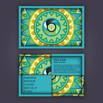 Vector vintage visiting card set. Floral mandala pattern and ornaments. Orien Stock Illustration