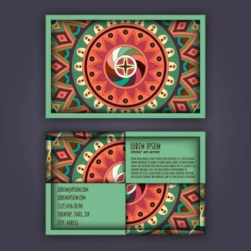 Vector vintage visiting card set. Floral mandala pattern and ornaments. Orien Stock Illustration