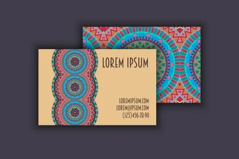 Vector vintage visiting card set. Floral mandala pattern and ornaments. Orien 스톡 일러스트