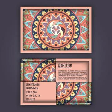 Vector vintage visiting card set. Floral mandala pattern and ornaments. Orien Stock Illustration