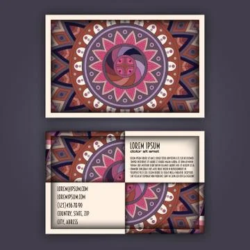 Vector vintage visiting card set. Floral mandala pattern and ornaments. Orien 스톡 일러스트