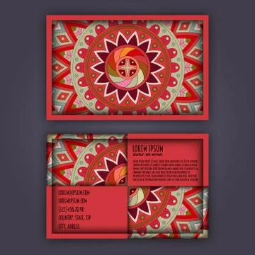Vector vintage visiting card set. Floral mandala pattern and ornaments. Orien 스톡 일러스트