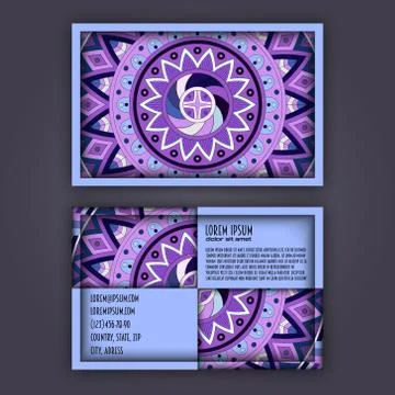 Vector vintage visiting card set. Floral mandala pattern and ornaments. Orien Illustrazione stock