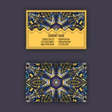 Vector vintage visiting card set. Floral mandala pattern and ornaments. Ori.. Illustrazione stock