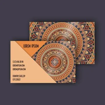 Vector vintage visiting card set. Floral mandala pattern and ornaments. Ori.. Illustrazione stock