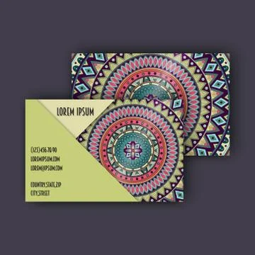 Vector vintage visiting card set. Floral mandala pattern and ornaments. Ori.. Illustrazione stock