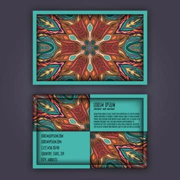 Vector vintage visiting card set. Floral mandala pattern and ornaments. Ori.. Illustrazione stock
