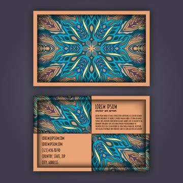 Vector vintage visiting card set. Floral mandala pattern and ornaments. Ori.. Stock Illustration