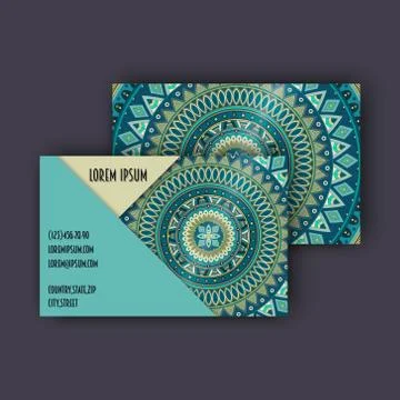 Vector vintage visiting card set. Floral mandala pattern and ornaments. Ori.. Illustrazione stock