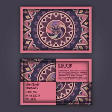 Vector vintage visiting card set. Floral mandala pattern and ornaments. Ori.. Illustrazione stock