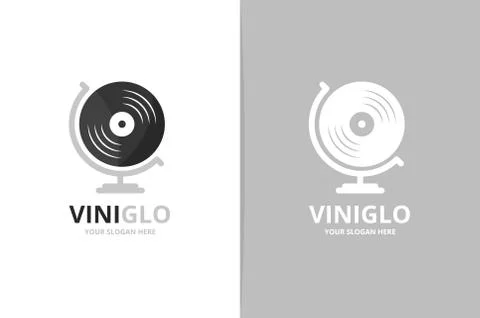 Vector vinyl and globe logo combination. Record planet symbol or icon. Unique Stock Illustration