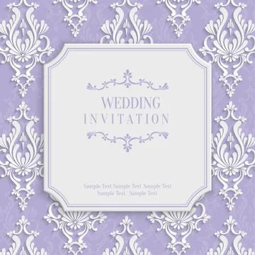 Vector Violet 3d Vintage Invitation Card with Floral Damask Pattern Stock Illustration