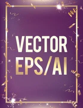 Vector violet gradient party celebration background, gold confetti, border Stock Illustration