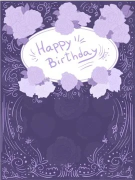 Vector violet greeting card with oval frame happy birthday Stock Illustration