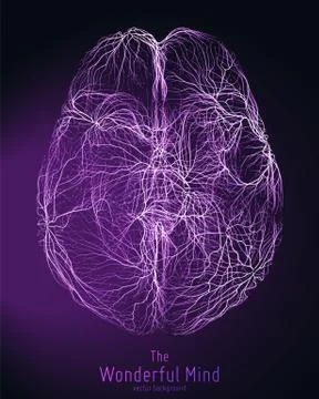 Vector violet illustration of 3d brain top with synapses and glowing neurons. Illustrazione stock