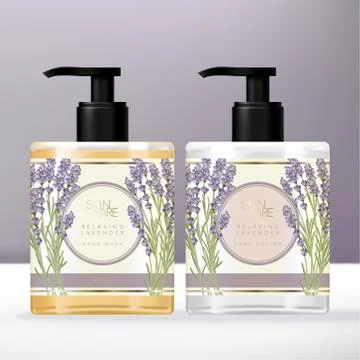 Vector Violet Lavender Theme Hand Soap &amp; Lotion Clear Pump Bottle Stock Illustration