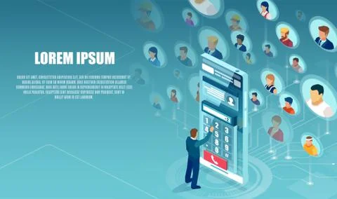 Vector of a virtual communication between man and a group of diverse people. Stock Illustration