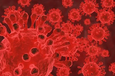 Vector virus, bacteria, cells 3D rendering on red background. Coronavirus 201 Stock Illustration