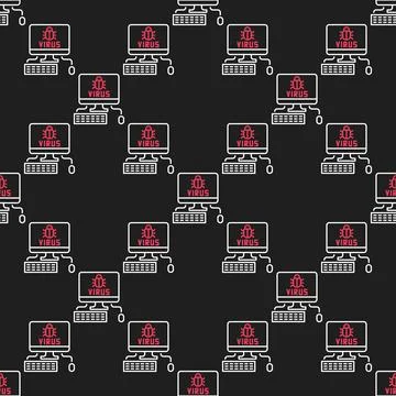 Vector Virus on Desktop Computer seamless pattern in thin line style Illustrazione stock