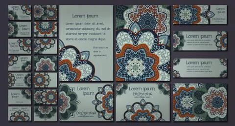 Vector visiting card set template. Floral mandala pattern and ornaments. Orie Stock Illustration