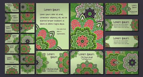 Vector visiting card set template. Floral mandala pattern and ornaments. Orie 스톡 일러스트