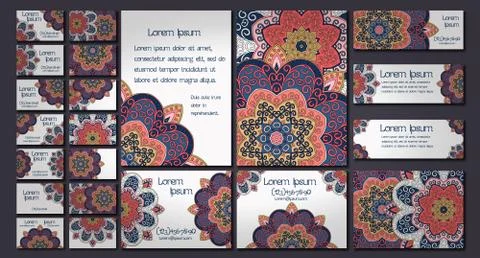 Vector visiting card set template. Floral mandala pattern and ornaments. Orie Illustrazione stock