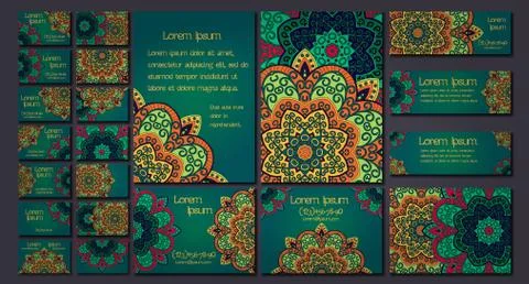 Vector visiting card set template. Floral mandala pattern and ornaments. Orie Stock Illustration