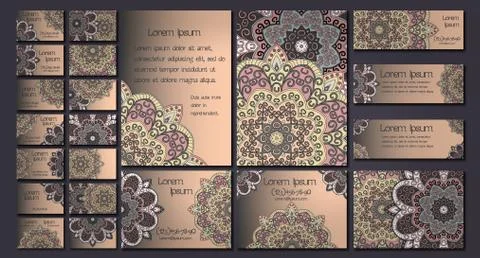 Vector visiting card set template. Floral mandala pattern and ornaments. Orie Stock Illustration