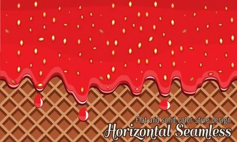 Vector Wafer and strawberry jam flowing horizontally seamless. Stock Illustration