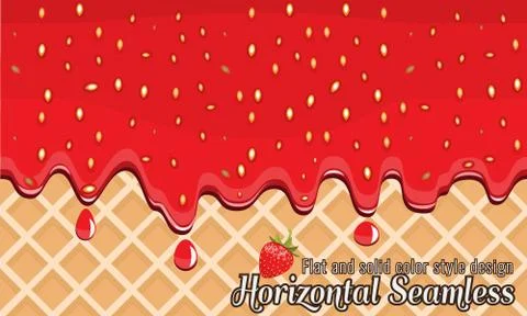Vector Wafer and strawberry jam flowing horizontally seamless. 스톡 일러스트