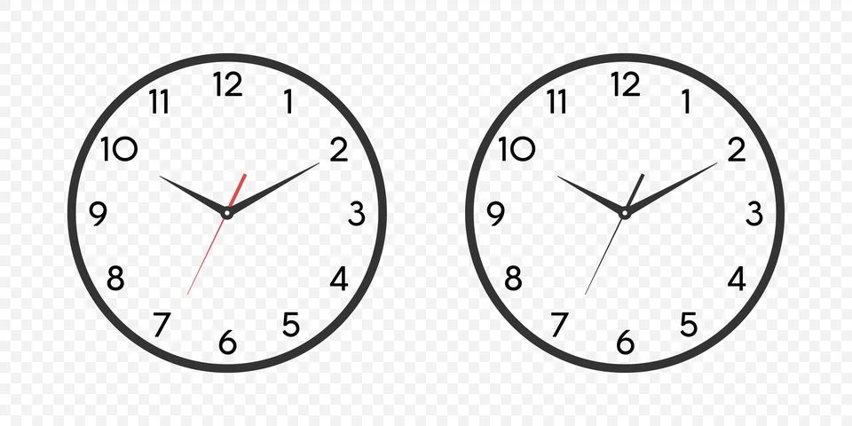 Vector Wall Office Clock Face Set. White and Black Dial and Clock Hands Closeup Stock Illustration