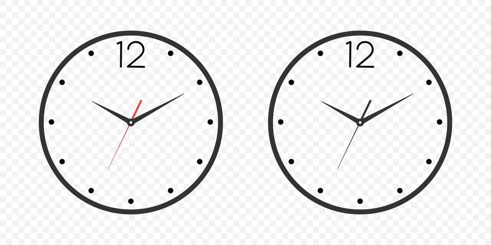 Vector Wall Office Clock Face Set. White and Black Dial and Clock Hands Closeup Stock Illustration