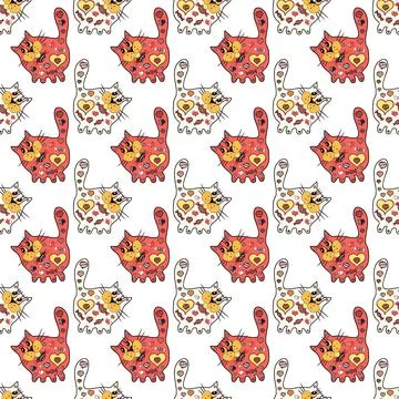 Vector. Wallpaper texture. Hand-drawn illustration. Seamless pattern cute cat pa Stock Illustration