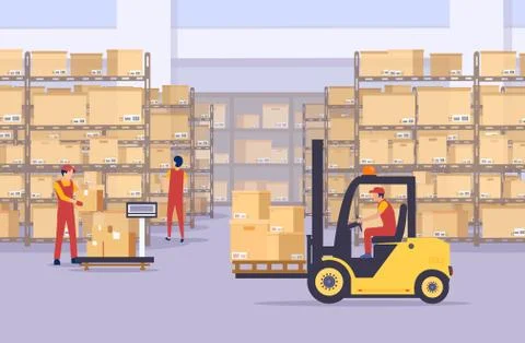 Vector of a warehouse with boxes and employees working Illustrazione stock