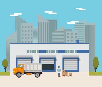 Vector warehouse building flat trucks and the road. Stock Illustration
