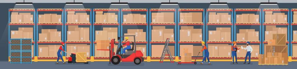 Vector Warehouse interior wide panorama with workers arranging goods on the Illustrazione stock