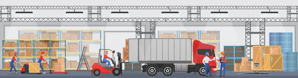 Vector Warehouse interior with workers arranging goods on the shelves and dip Illustrazione stock
