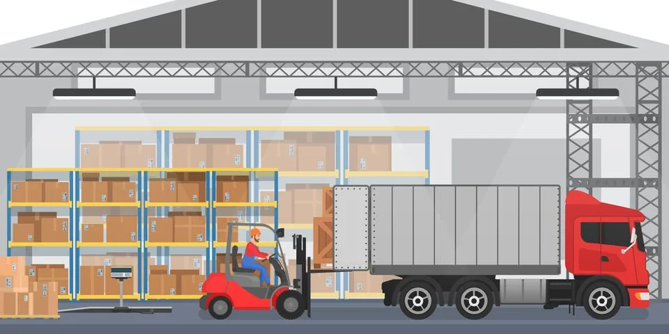 Vector Warehouse interior with workers arranging goods boxes into a truck Illustrazione stock