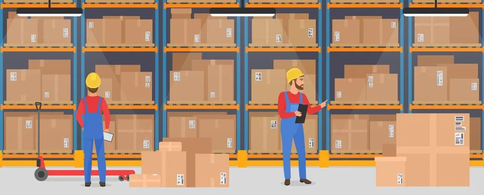 Vector warehouse Interior with working people. Logistic Delivery Cargo service Stock Illustration