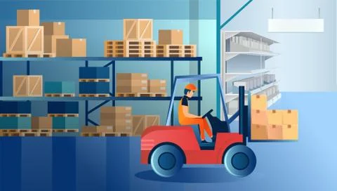 Vector of a warehouse worker operating a forklift machine loading cardboard b Stock Illustration