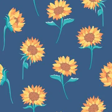 Vector Warm Colored Sunflowers on Blue seamless pattern background. Perfect f Stock Illustration