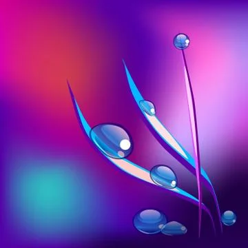 Vector water drops on blade of grass. Purple background Stock Illustration