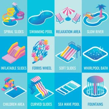Vector water park attractions flat isometric icon set Stock Illustration
