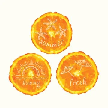 Vector watercolor orange slice circles, hand drawn doodle elements. Illustrazione stock