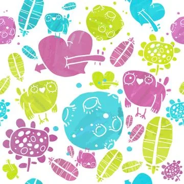 Vector Watercolor Pattern with Birds Hearts and Moons Illustrazione stock