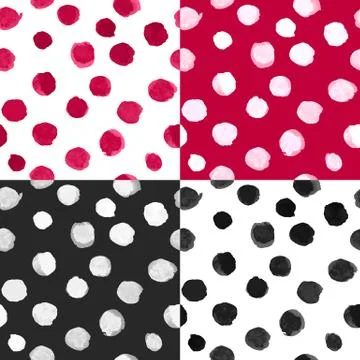 Vector Watercolor Polka Dot Patterns Black White Red Stock Illustration