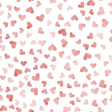 Vector watercolor seamless pattern with pink hearts, cute love texture on whi Stock Illustration
