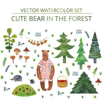 Vector watercolor set Cute bear with hedgehog and spruce, mushrooms, berries Ilustración de archivo